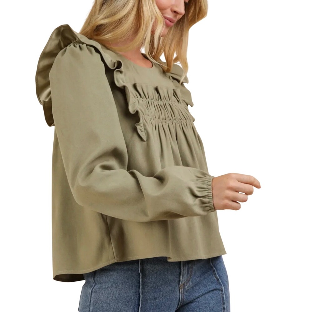 Very J New In Ruffle Smocked Blouse Womens Large Olive Green Long Sleeve Boho - Picture 2 of 14